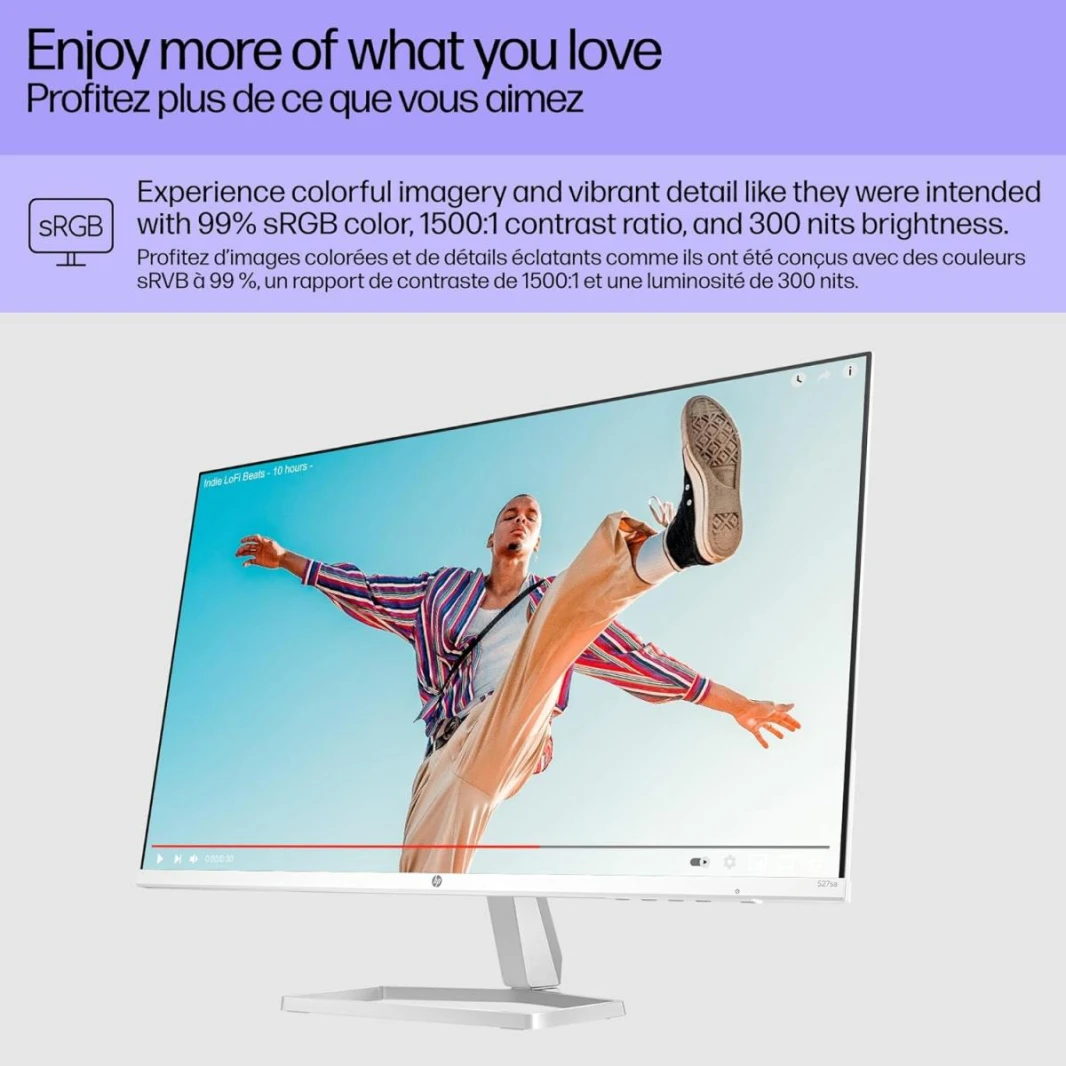 HP 527SA Series 5 27 inch FHD Monitor BUILT-IN DUAL 2W SPEAKERS, Full HD Display (1920 x 1080), IPS Panel, 99% sRGB, 1500:1 Contrast Ratio, 300 nits, Eye Ease with Eyesafe Certification