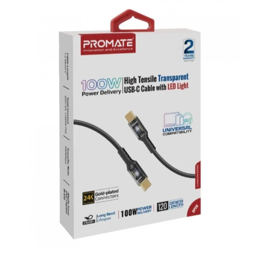 كابل Promate USB-C™ إلى USB-C™، شحن سريع بقوة 100 واط مع أطراف شفافة، LED، مزامنة بيانات بسرعة 480 ميجابت في الثانية، سلك مضفر من النايلون بطول 120 سم للهواتف الذكية وأجهزة الكمبيوتر المحمولة