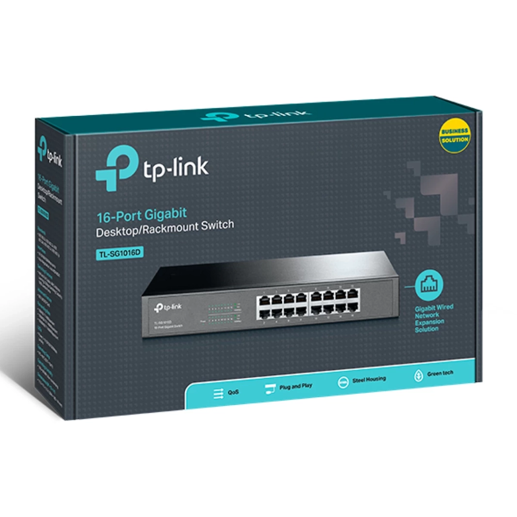 TP-LINK TL-SG1016D 10/100/1000Mbps Ethernet Unmanaged Switch 16-Port Plug and Play Metal Desktop/Rackmount & Fanless
