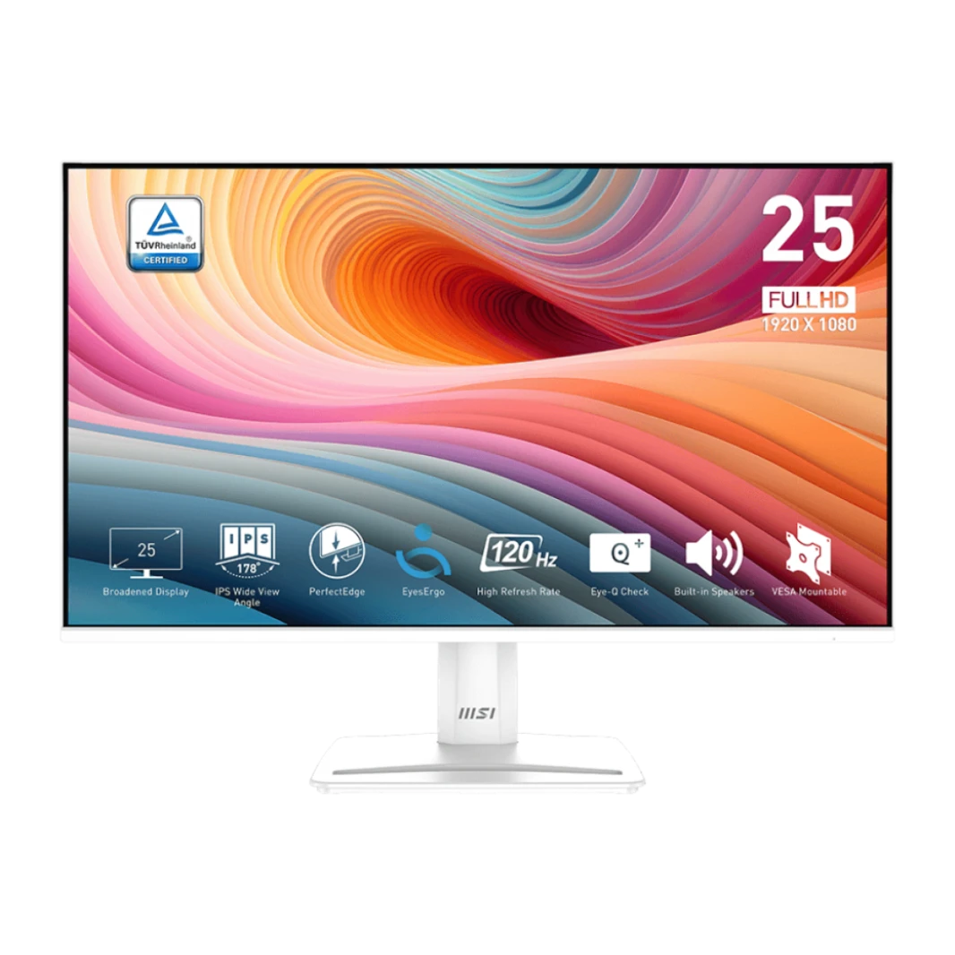 شاشة MSI PRO MP251 E2 مقاس 24.5 بوصة IPS بدقة 1920 × 1080 (FHD)، 120 هرتز، مزامنة متكيفة، جاهزة لـ HDR، منفذ HDMI، منفذ VGA، منفذ DisplayPort، قابلة للتركيب على حامل VESA - أبيض