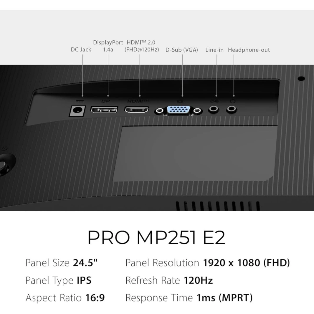 شاشة MSI PRO MP251 E2 مقاس 24.5 بوصة IPS بدقة 1920 × 1080 (FHD)، 120 هرتز، مزامنة متكيفة، جاهزة لـ HDR، منفذ HDMI، منفذ VGA، منفذ DisplayPort، قابلة للتركيب على حامل VESA - أبيض