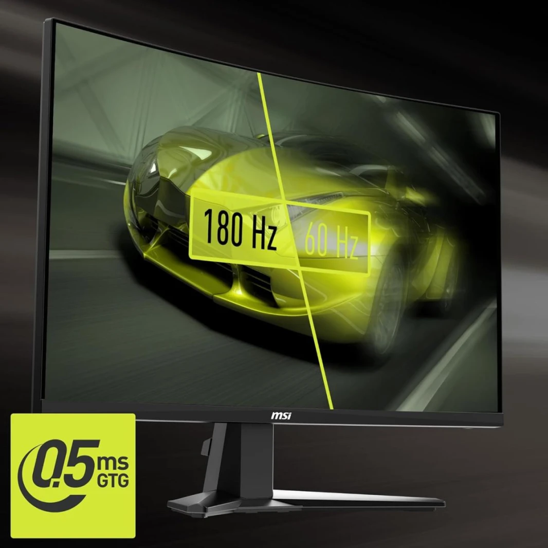 شاشة MSI MAG27C6F مقاس 27 بوصة بدقة 1920 × 1080 (FHD)، منحنى 1500R Rapid VA، شاشة ألعاب 180 هرتز، مزامنة متكيفة، 0.5 مللي ثانية، HDMI، منفذ Display-Port، قابلة للتركيب على VESA، إمالة