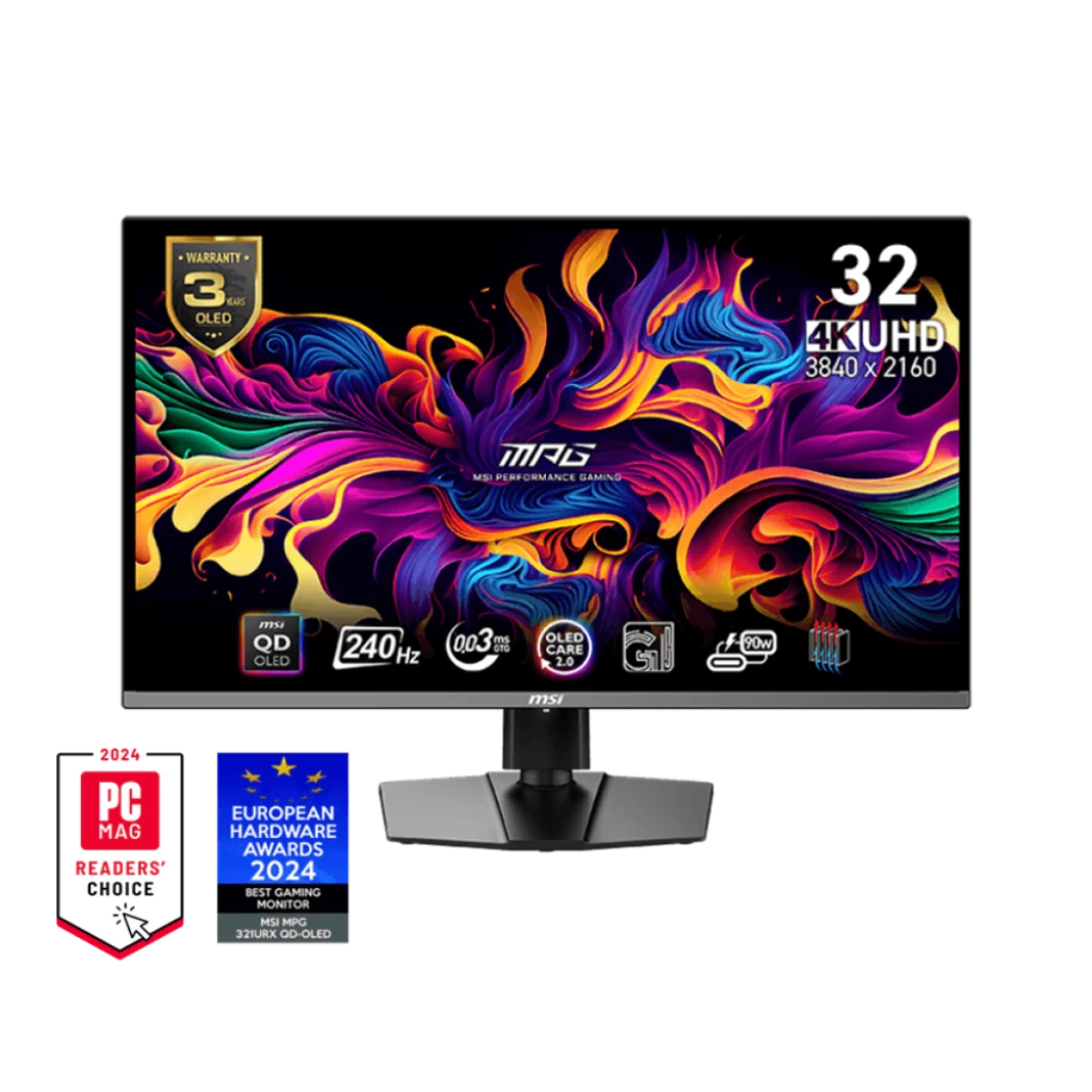 شاشة ألعاب MSI MPG 321URX QD-OLED مقاس 32 بوصة بدقة 4K UHD وتقنية Quantum Dot OLED ووقت استجابة 0.03 مللي ثانية وتردد 240 هرتز وتقنية True Black HDR 400 وتقنية AMD FreeSync™ Premium Pro بقدرة 90 وات و