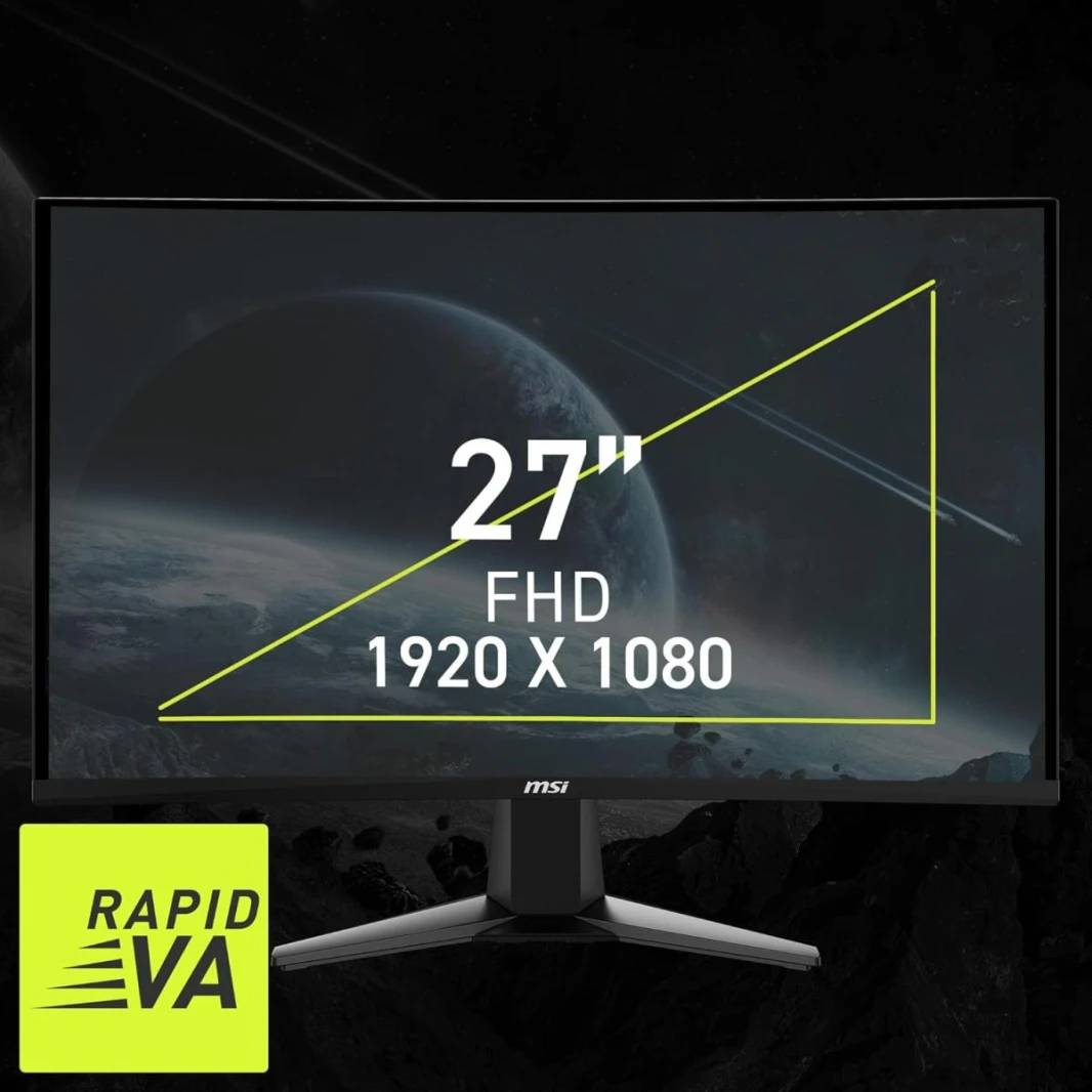 شاشة MSI MAG27C6F مقاس 27 بوصة بدقة 1920 × 1080 (FHD)، منحنى 1500R Rapid VA، شاشة ألعاب 180 هرتز، مزامنة متكيفة، 0.5 مللي ثانية، HDMI، منفذ Display-Port، قابلة للتركيب على VESA، إمالة