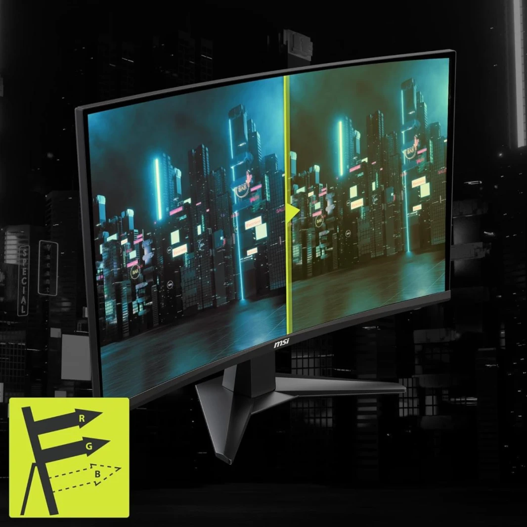 شاشة MSI MAG27C6F مقاس 27 بوصة بدقة 1920 × 1080 (FHD)، منحنى 1500R Rapid VA، شاشة ألعاب 180 هرتز، مزامنة متكيفة، 0.5 مللي ثانية، HDMI، منفذ Display-Port، قابلة للتركيب على VESA، إمالة
