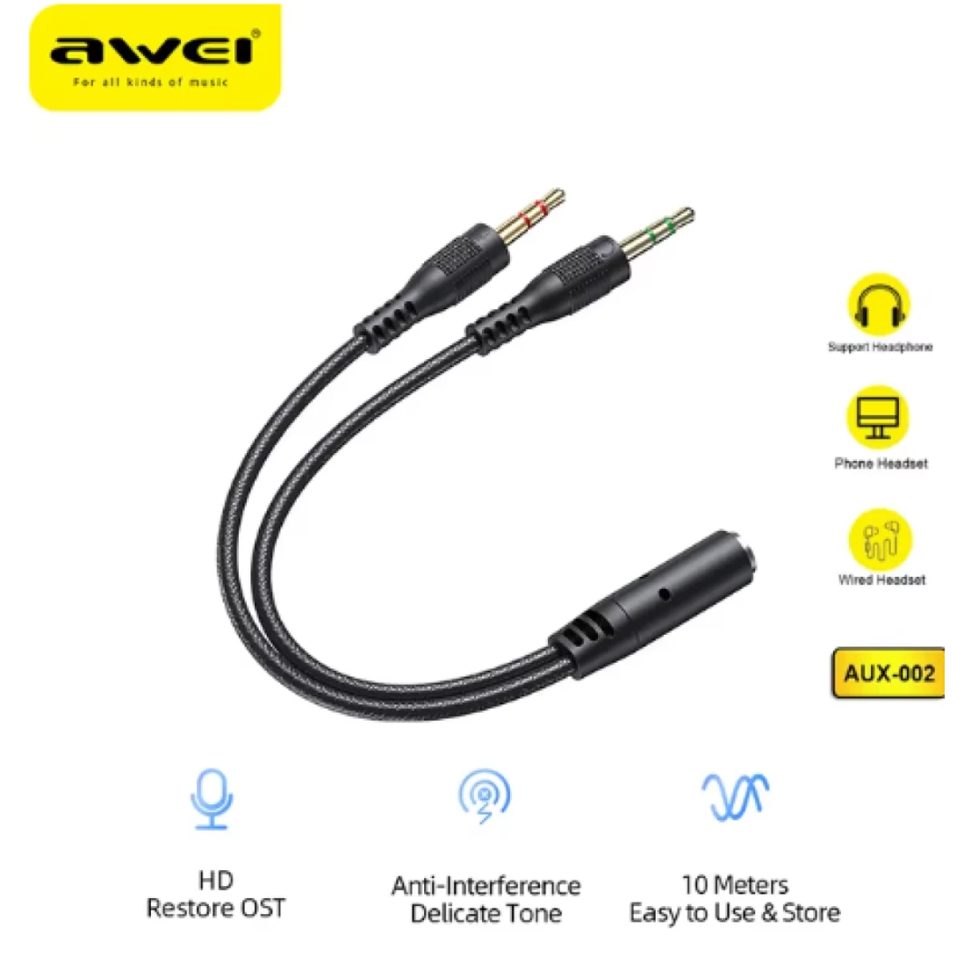 كابل موزع Y من AWEI AUX-002 AUX-001 مقاس 3.5 مم أنثى إلى 2 ذكر، كابل صوت AUX، سماعة رأس للكمبيوتر الشخصي، مقبس ميكروفون، شحن مباشر