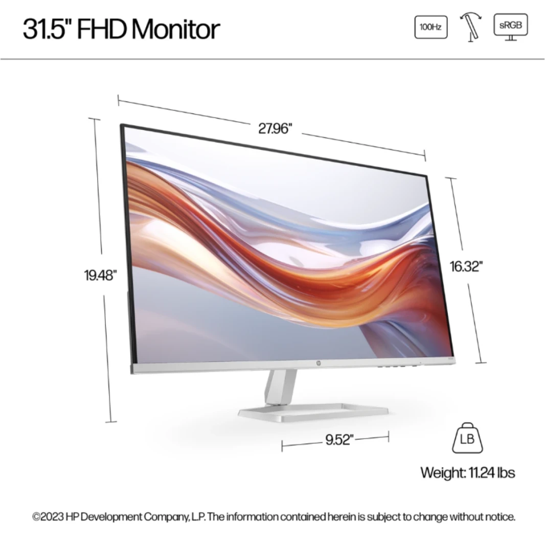 شاشة 2024 HP 532sf Series 5 مقاس 32 بوصة FHD، شاشة FHD (1920 × 1080)، منفذي HDMI، لوحة IPS، 99% sRGB، نسبة تباين 1000:1، 300 شمعة، Eye Ease مع شهادة Eyesafe - فضي وأسود