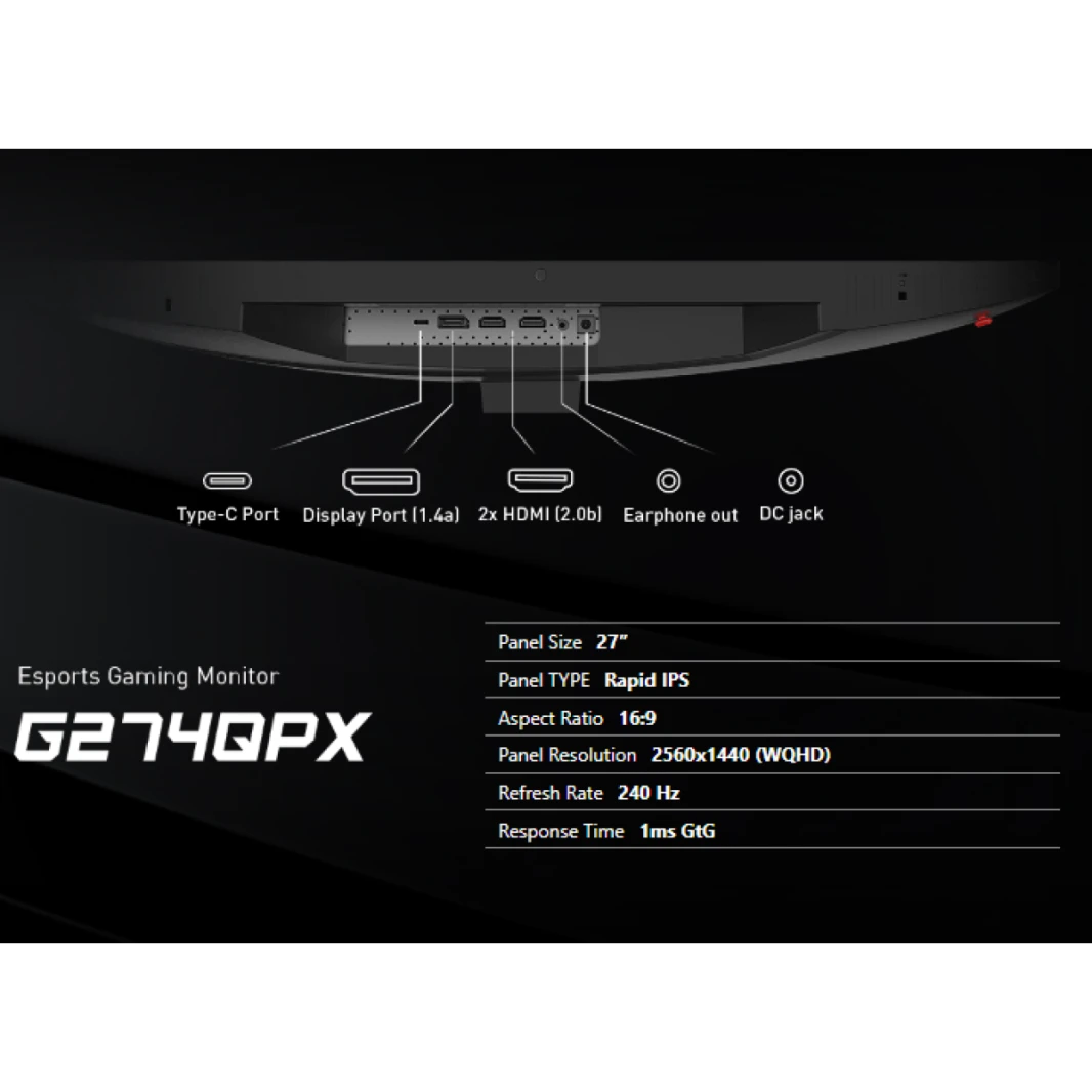 MSI G274QPX، شاشة ألعاب مقاس 27 بوصة، 2560 × 1440 2K، IPS، 1 مللي ثانية، 240 هرتز، VESA DisplayHDR 400، متوافقة مع G-Sync، HDMI، Displayport، ارتفاع قابل للتعديل، محوري، أسود