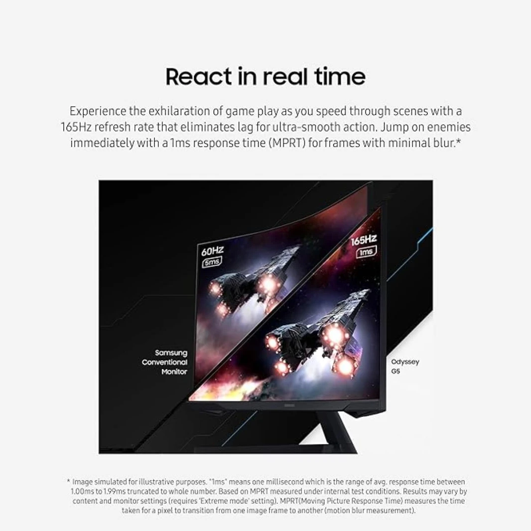 شاشة ألعاب Samsung Odyssey G5 (CG55) مقاس 27 بوصة، بدقة 2K QHD (2560 × 1440)، وتردد 165 هرتز، ووقت استجابة 1 مللي ثانية، وتقنية HDR10، ومنحنية 1000R، ودعم FreeSync - ضمان لمدة 3 سنوات