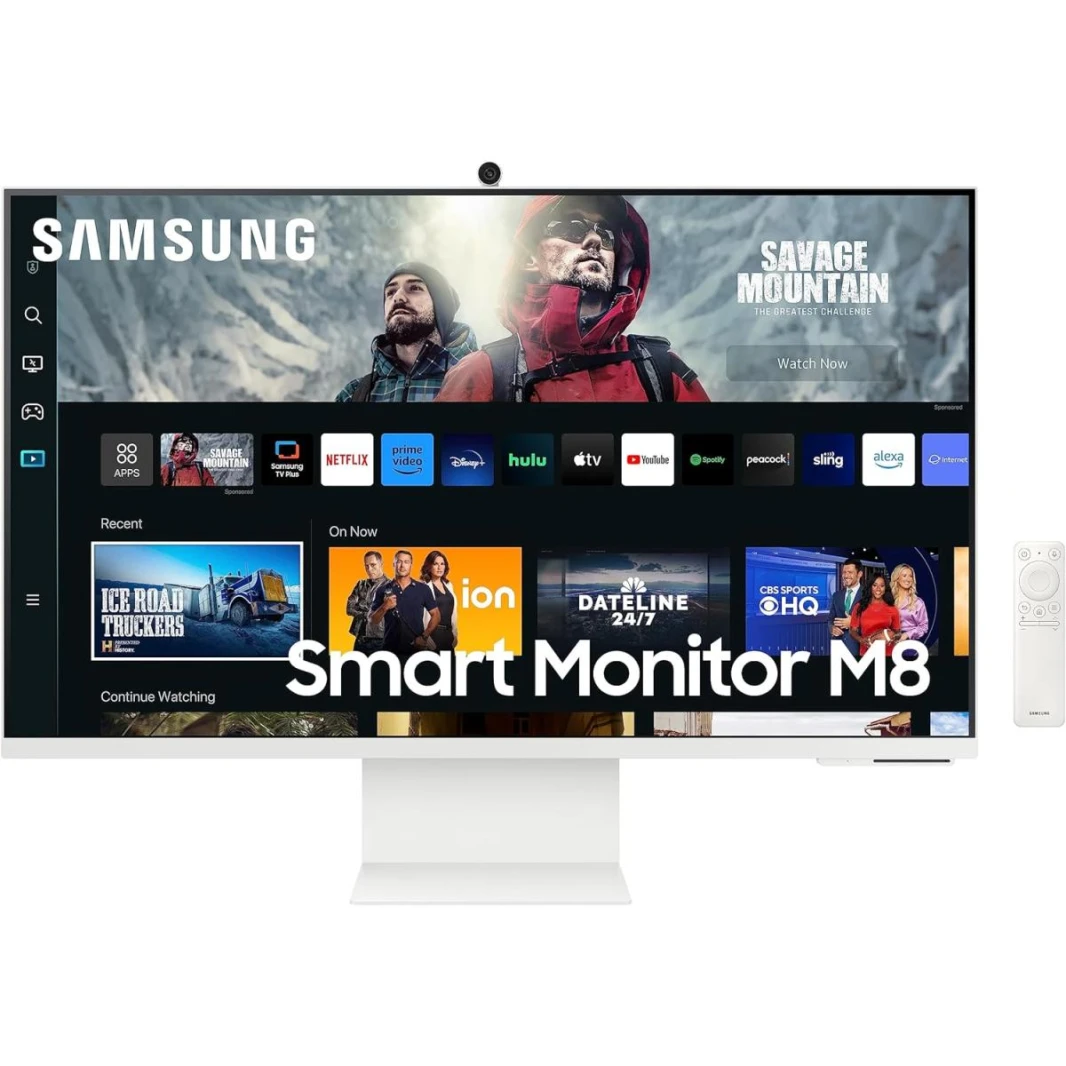 شاشة Samsung M8 Smart 32" 4K UHD، Tizen™ OS Flat Business Monitor، VA، 60Hz، 4ms(GTG)، HDR10+، 99% sRGB، USB Type-C، كاميرا ويب، ميكروفون، مكبرات صوت، جهاز تحكم عن بعد وحامل مريح، أبيض دافئ - ضمان لمد