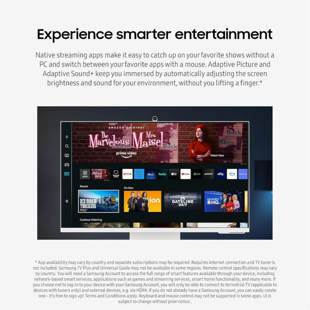 شاشة Samsung M8 Smart 32" 4K UHD، Tizen™ OS Flat Business Monitor، VA، 60Hz، 4ms(GTG)، HDR10+، 99% sRGB، USB Type-C، كاميرا ويب، ميكروفون، مكبرات صوت، جهاز تحكم عن بعد وحامل مريح، أبيض دافئ - ضمان لمد