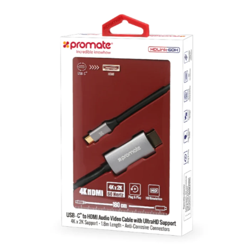 محول كابل USB C إلى HDMI من Promate HDLink-60H (متوافق مع Thunderbolt 3)، كابل HDMI عالي السرعة بطول 1.8 متر مع دعم 4K 60Hz UHD - ضمان لمدة عامين