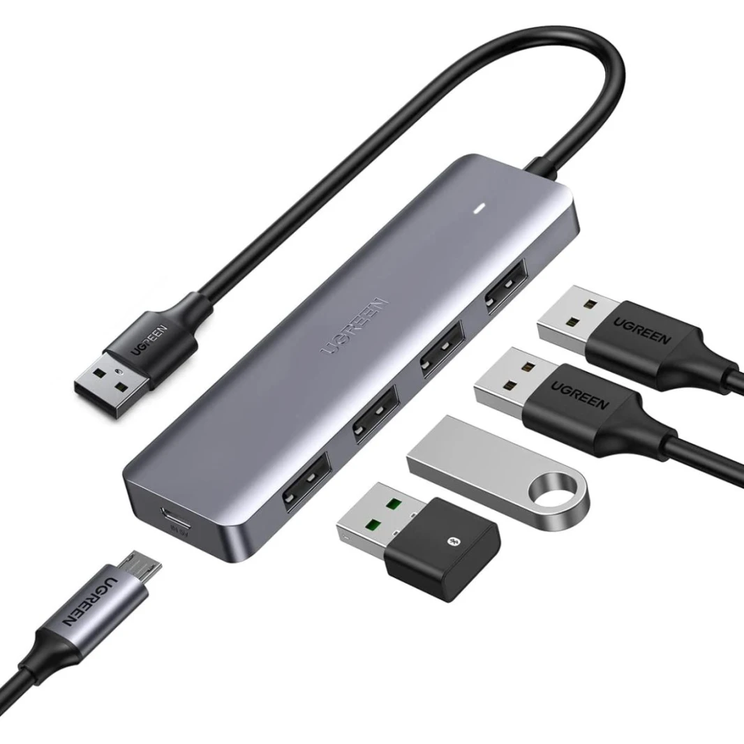 موزع USB 3.0 4 منافذ UGREEN CM219 مع مصدر طاقة من النوع C، هيكل مطلي بالمعدن، نحيف للغاية