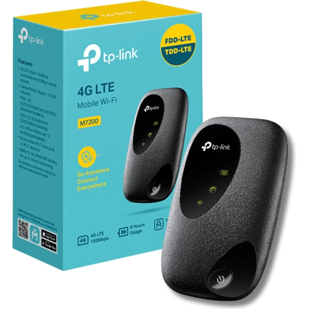نقطة اتصال Mi-Fi متنقلة للسفر من TP-Link M7200 Cat4 LTE بسرعة تصل إلى 300 ميجابت في الثانية حتى 10 أجهزة قابلة لإعادة الشحن عمر بطارية يصل إلى 8 ساعات إدارة سهلة تطبيق tpMiFi