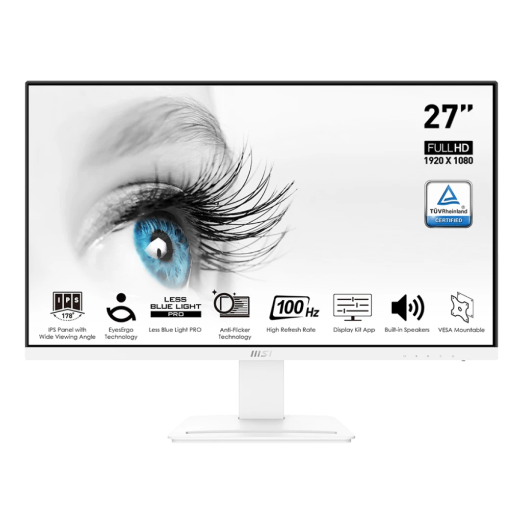 شاشة MSI Pro MP273AW مقاس 27 بوصة | IPS بدقة 1920 × 1080 (FHD) وتردد 100 هرتز وألوان الشاشة 16.7 ميجابايت ومنفذ DisplayPort واحد ومنفذ HDMI واحد ومكبر صوت مدمج مضاد للتوهج باللون الأبيض / ضمان لمدة عا