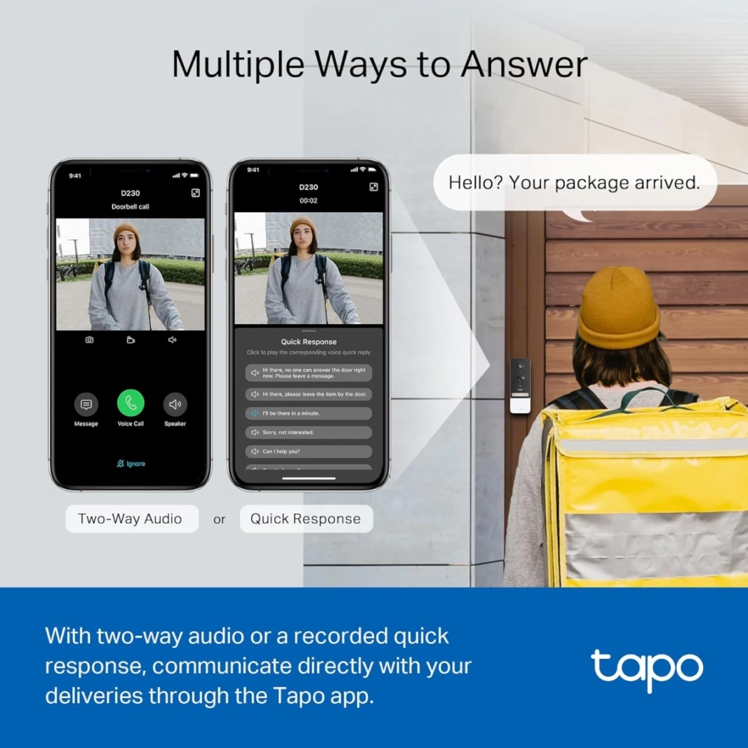Tapo Tapo D230S1 Smart Video Doorbell Camera Chime Included 2K+ Color Night Vision 2-Way Audio Free AI Detection Cloud/SD Card Storage 180 Days Battery Works w/Alexa & Google Home