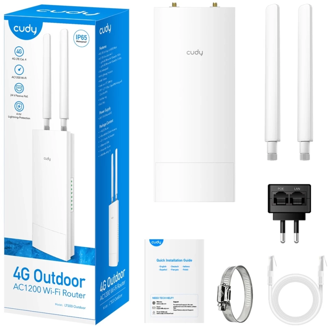 جهاز توجيه مودم Cudy LT500 مفتوح 4G LTE Cat 4 AC1200 خارجي مع فتحة بطاقة SIM وهوائيات قابلة للفصل IP65 ومحول PoE سلبي متضمن