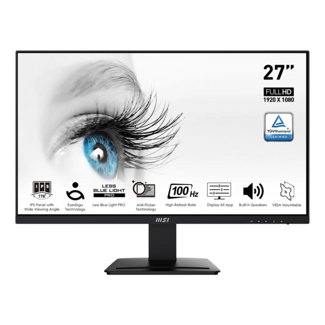 شاشة MSI Pro MP273A، مقاس 27 بوصة | IPS بدقة 1920 × 1080 (FHD) وتردد 100 هرتز وألوان الشاشة 16.7 ميجابايت ومنفذ DisplayPort واحد ومنفذ HDMI واحد ومكبر صوت مدمج مضاد للتوهج باللون الأسود / ضمان لمدة عا