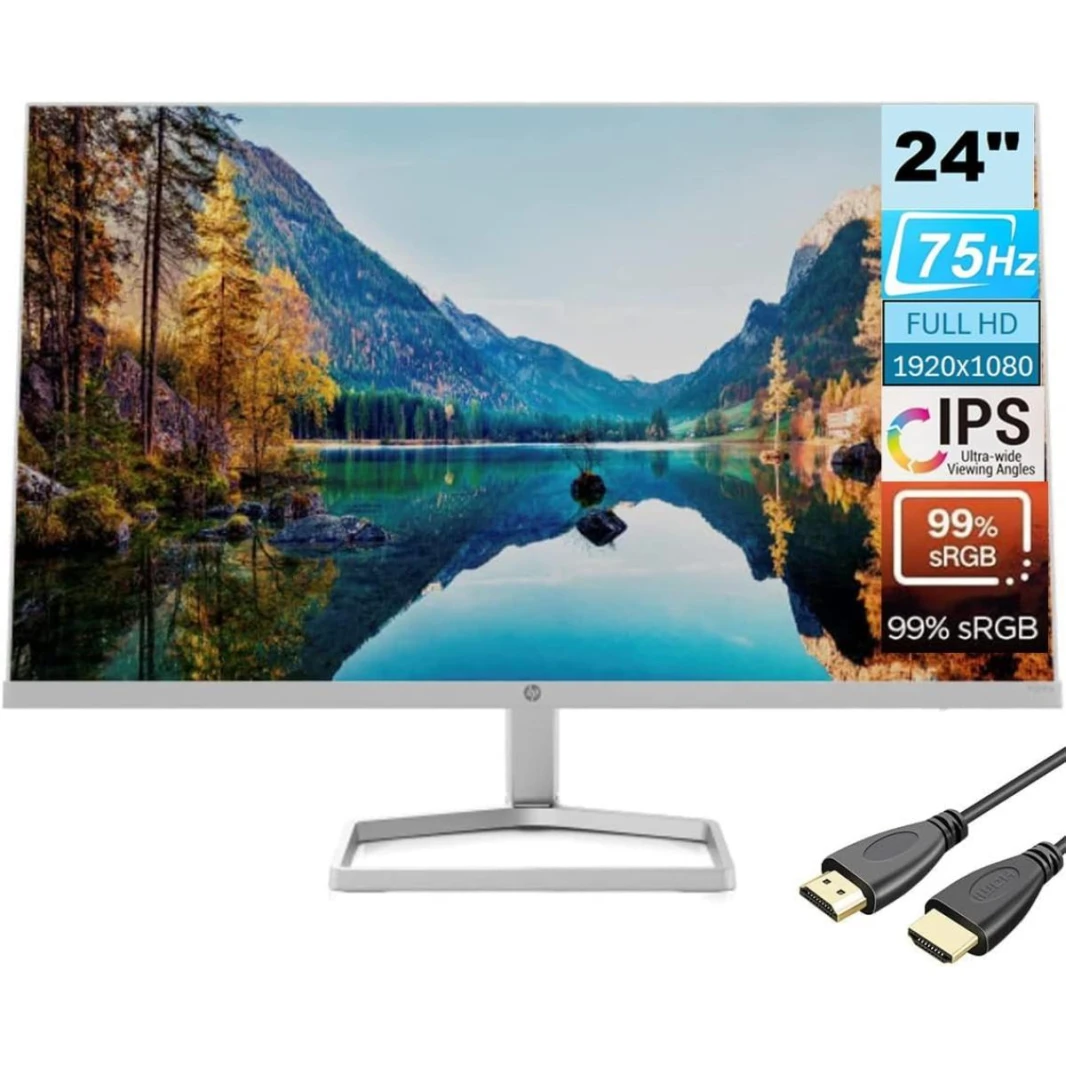 شاشة HP M24FW مقاس 24 بوصة، شاشة IPS FHD فائقة النحافة، 75 هرتز، 300 شمعة، FreeSync™ - فضي وأبيض