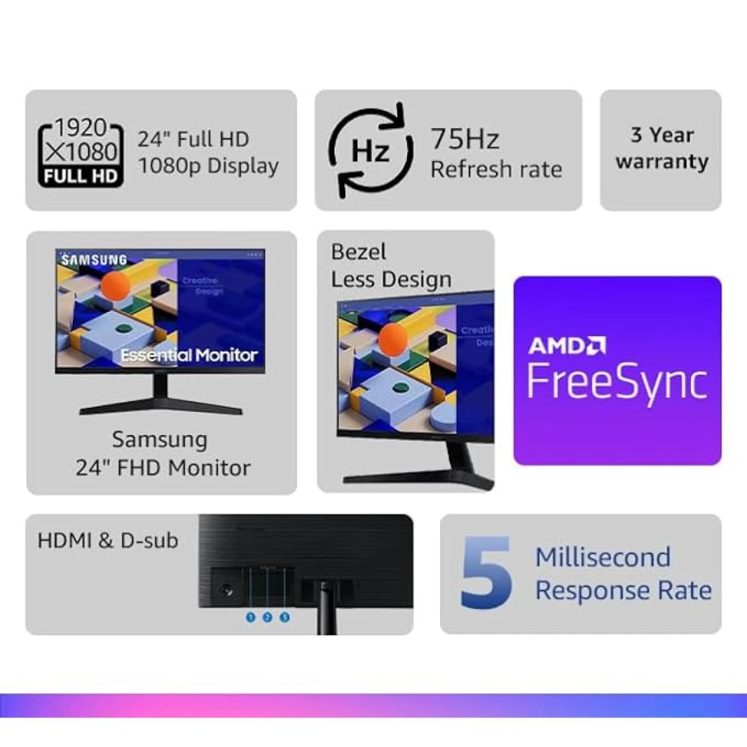 شاشة مسطحة مقاس 24 بوصة من Samsung S3 Essential (C310) Full-HD، IPS، 75 هرتز، AMD FreeSync، 5 مللي ثانية (GTG)، تصميم بدون حدود