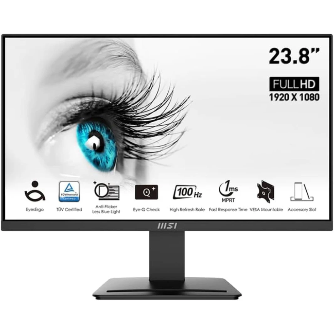 شاشة MSI PRO MP2412، 24 بوصة، 1920 × 1080 (FHD)، FreeSync، 100 هرتز، حماية بصرية معتمدة من TUV، 1 مللي ثانية، قابلة للتركيب على حامل VESA، منفذ HDMI™ وDisplay Port (1.2a) أسود / ضمان لمدة عامين