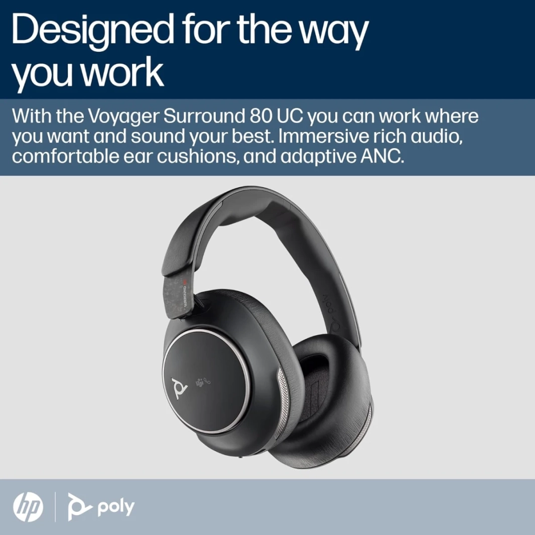 Poly Voyager Surround 80 UC Bluetooth Headset Noise-Canceling Mics for Clear Calls Adaptive ANC Works w/ iPhone, Android, PC/Mac, Zoom, Microsoft Teams (Certified)