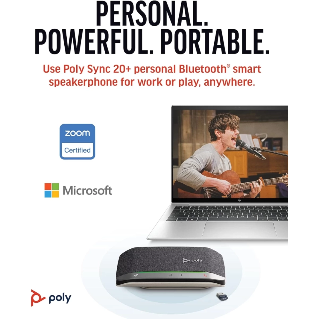 مكبر صوت ذكي محمول من Poly Sync 20+ مزود بمحول USB-A Bluetooth للاتصال لاسلكيًا بجهاز الكمبيوتر الشخصي/Mac/الهاتف المحمول يعمل مع Teams وZoom