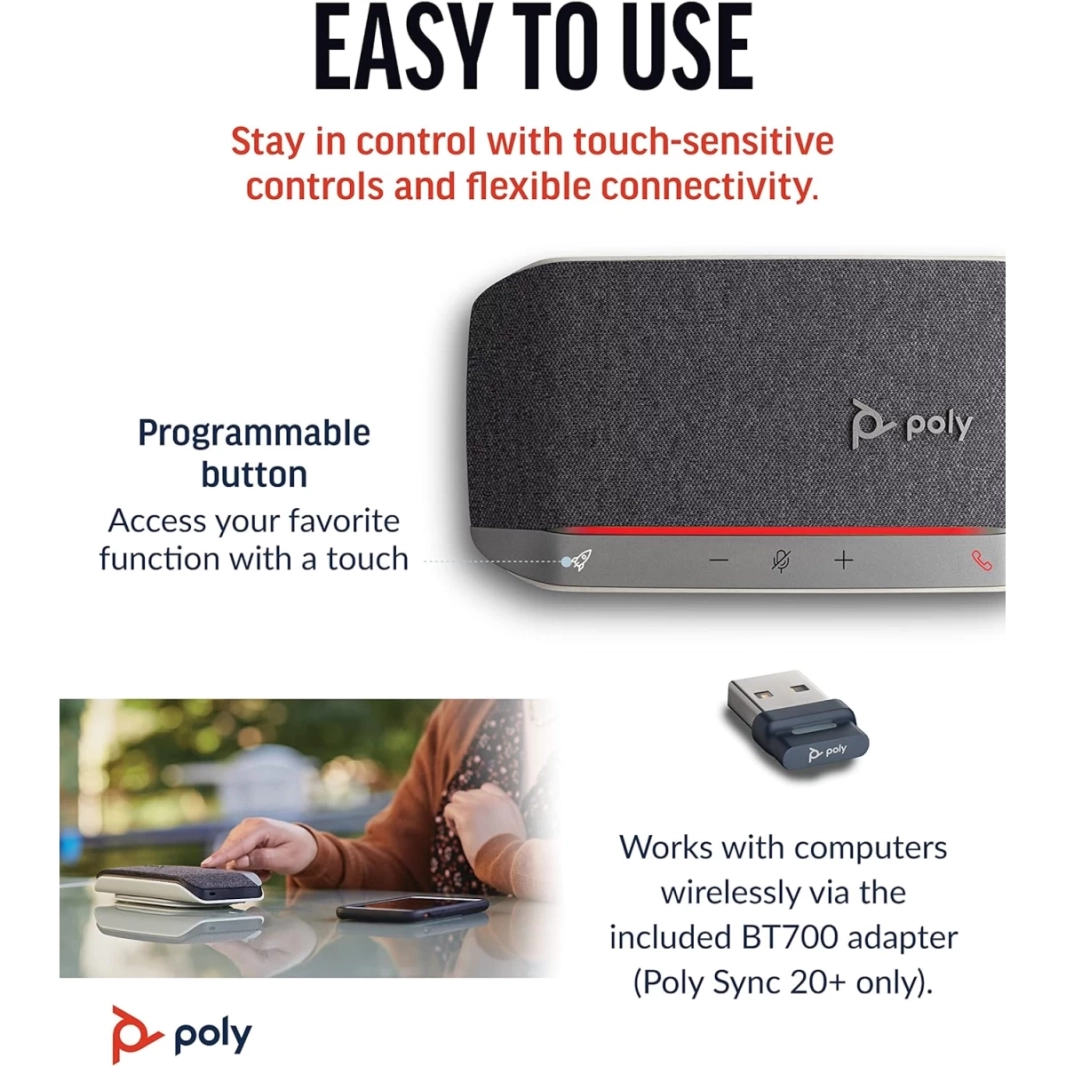 مكبر صوت ذكي محمول من Poly Sync 20+ مزود بمحول USB-A Bluetooth للاتصال لاسلكيًا بجهاز الكمبيوتر الشخصي/Mac/الهاتف المحمول يعمل مع Teams وZoom