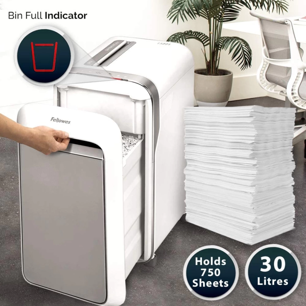 آلة تقطيع الورق Fellowes Powershred LX221، 20 ورقة، تقطيع دقيق، مقاومة للتشويش بنسبة 100%