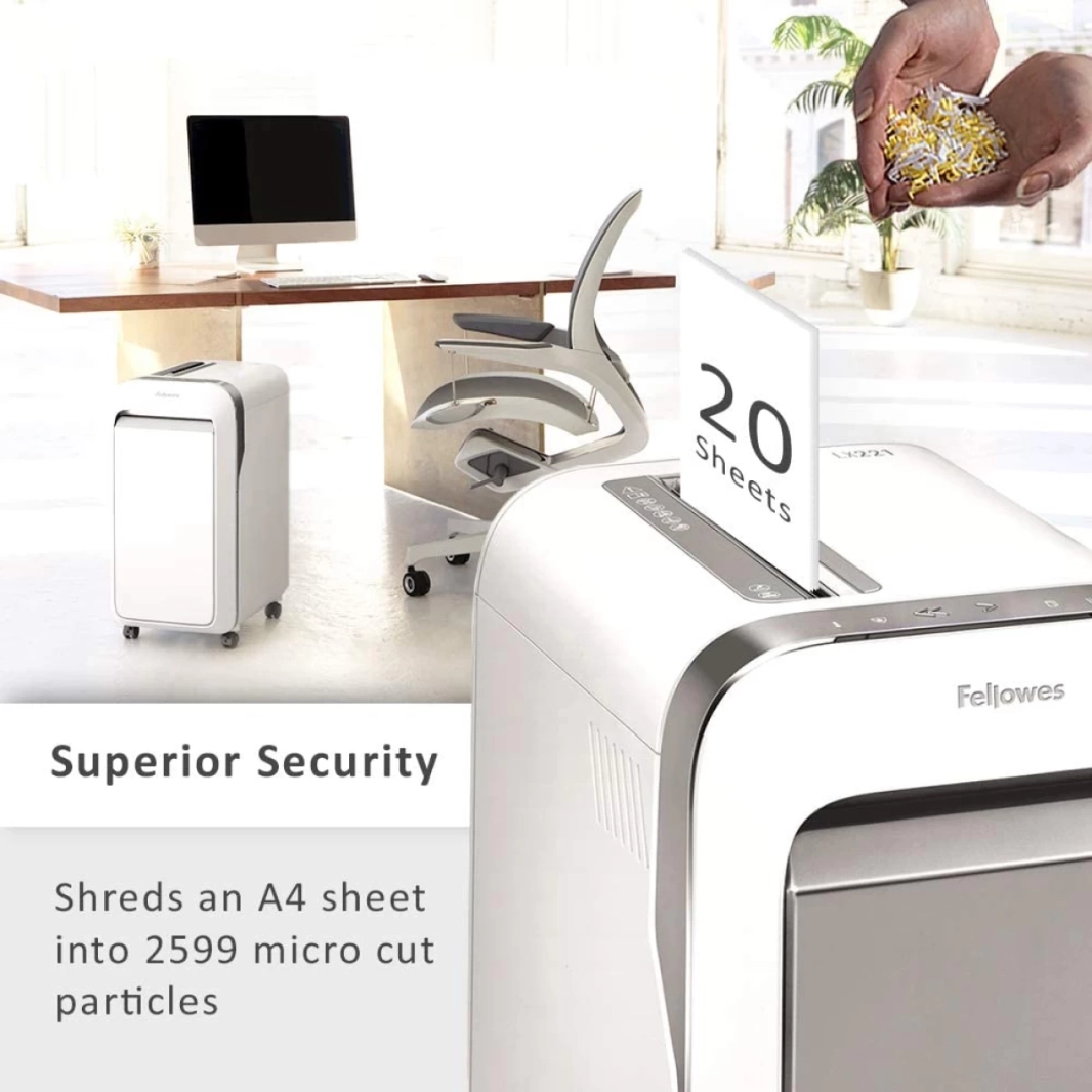 آلة تقطيع الورق Fellowes Powershred LX221، 20 ورقة، تقطيع دقيق، مقاومة للتشويش بنسبة 100%