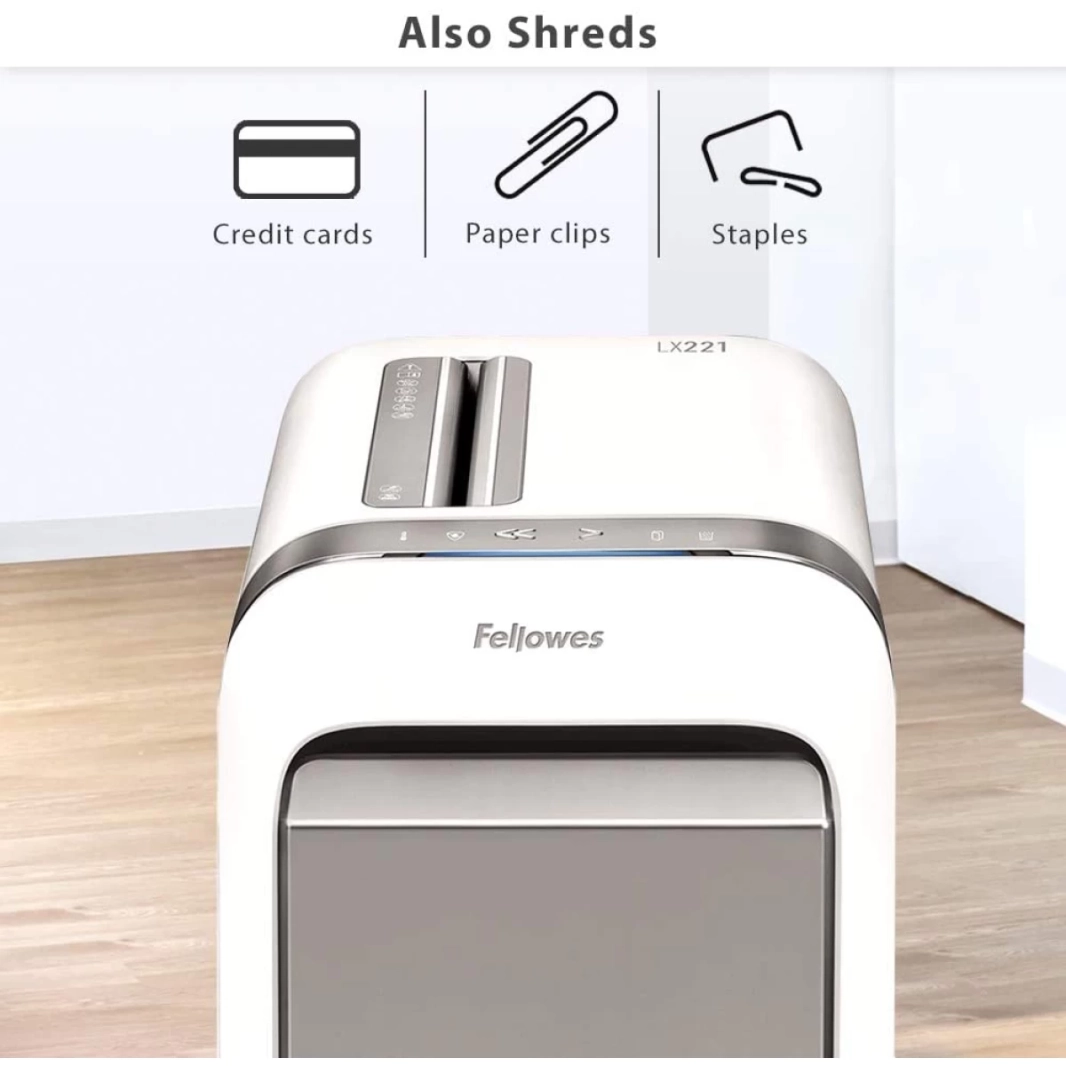 آلة تقطيع الورق Fellowes Powershred LX221، 20 ورقة، تقطيع دقيق، مقاومة للتشويش بنسبة 100%