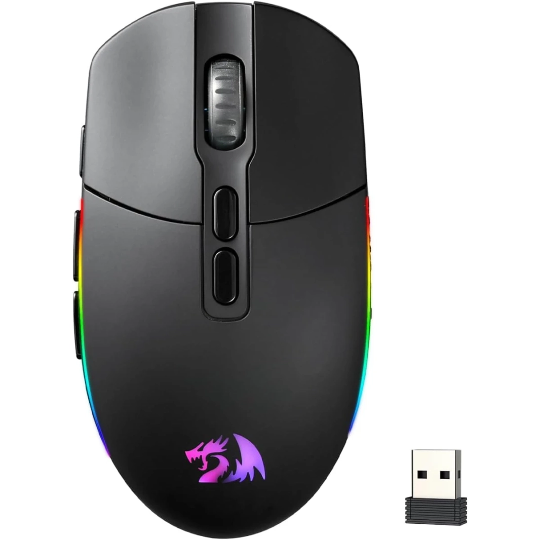 ماوس الألعاب اللاسلكي البصري Redragon M719 Pro، 8 أزرار قابلة للبرمجة، إضاءة خلفية RGB، 10000 نقطة في البوصة، فأرة ألعاب كمبيوتر مريحة مع زر إطلاق النار - أسود