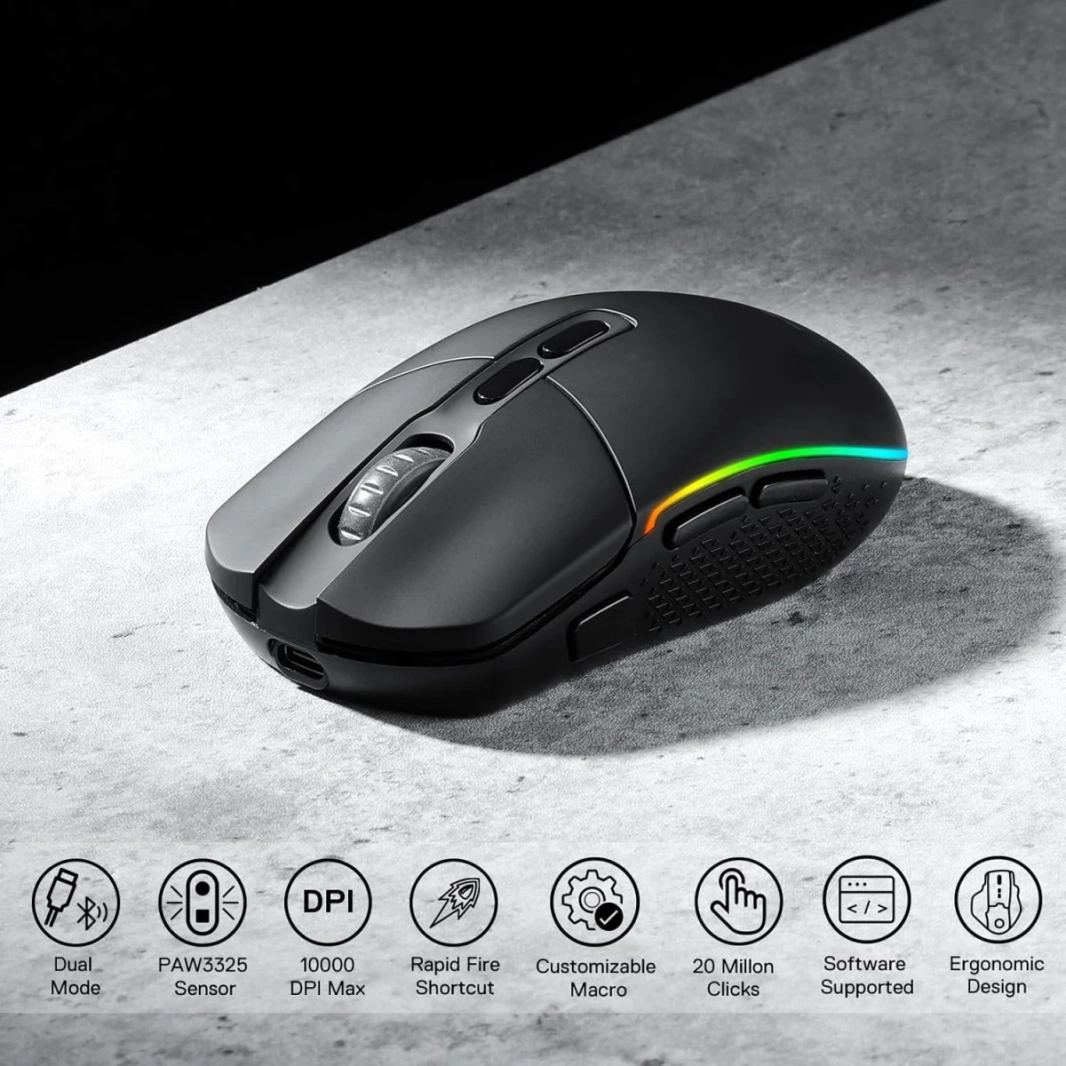ماوس الألعاب اللاسلكي البصري Redragon M719 Pro، 8 أزرار قابلة للبرمجة، إضاءة خلفية RGB، 10000 نقطة في البوصة، فأرة ألعاب كمبيوتر مريحة مع زر إطلاق النار - أسود