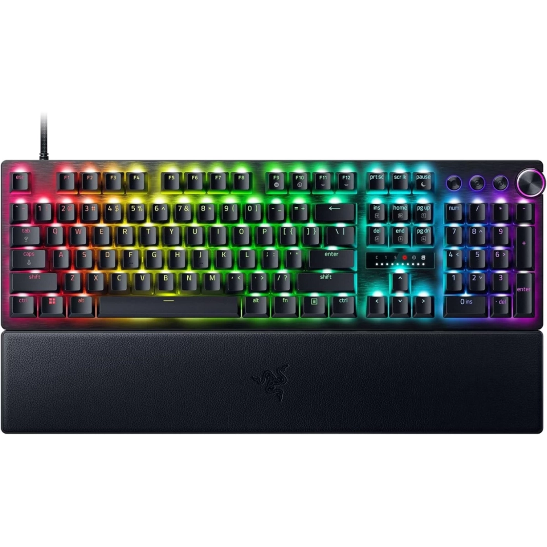 مفاتيح بصرية تناظرية من Razer Huntsman V3 Pro Esports ومفاتيح تشغيل قابلة للتعديل ومفاتيح وسائط وقرص ومفاتيح Doubleshot PBT ومسند للرسغ - أسود