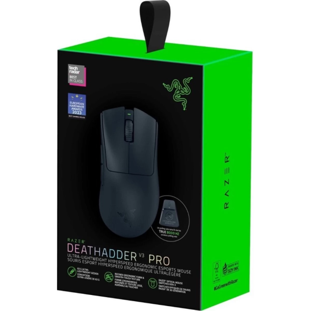 Razer DeathAdder V3 Pro Wireless Mouse + Hyperpolling Wireless Dongle 63g Ultra Lightweight Focus Pro 30K Optical Sensor Gen-3 5 Programmable Buttons - Black