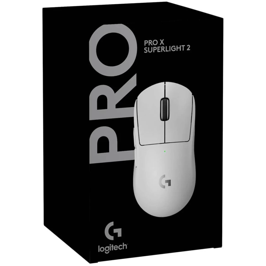 Logitech G PRO X SUPERLIGHT 2 LIGHTSPEED Wireless 4K Polling مفاتيح LIGHTFORCE Hybrid خفيفة الوزن ومستشعر HERO 2 بدقة 32000 نقطة في البوصة وشحن USB-C، للكمبيوتر الشخصي وماك - أبيض