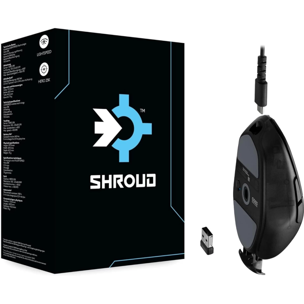 ماوس لاسلكي Logitech G303 Shroud Edition LIGHTSPEED HERO 25K Sensor 25,600 DPI 75 جرام 5 أزرار 145 عمر البطارية - أسود