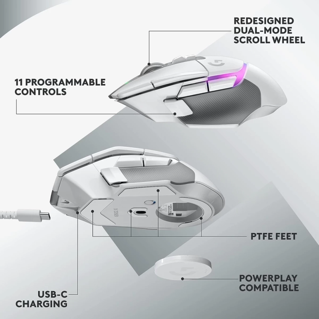 ماوس ضوئي لاسلكي Logitech G502 X PLUS HERO 25K Sensor LIGHTSPEED مع مفاتيح LIGHTFORCE Hybrid LIGHTSYNC RGB للكمبيوتر الشخصي - macOS/Windows - أبيض