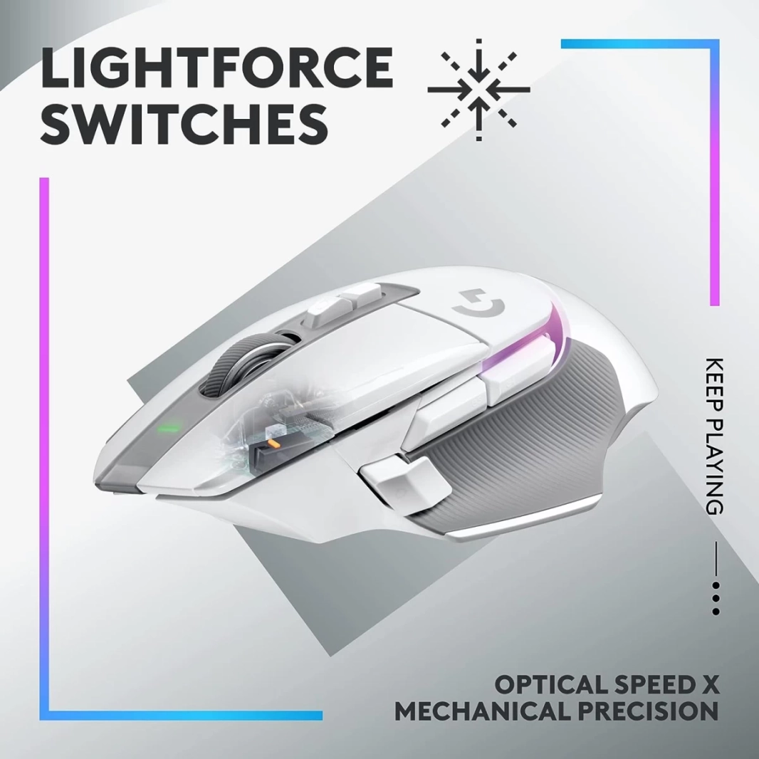 ماوس ضوئي لاسلكي Logitech G502 X PLUS HERO 25K Sensor LIGHTSPEED مع مفاتيح LIGHTFORCE Hybrid LIGHTSYNC RGB للكمبيوتر الشخصي - macOS/Windows - أبيض