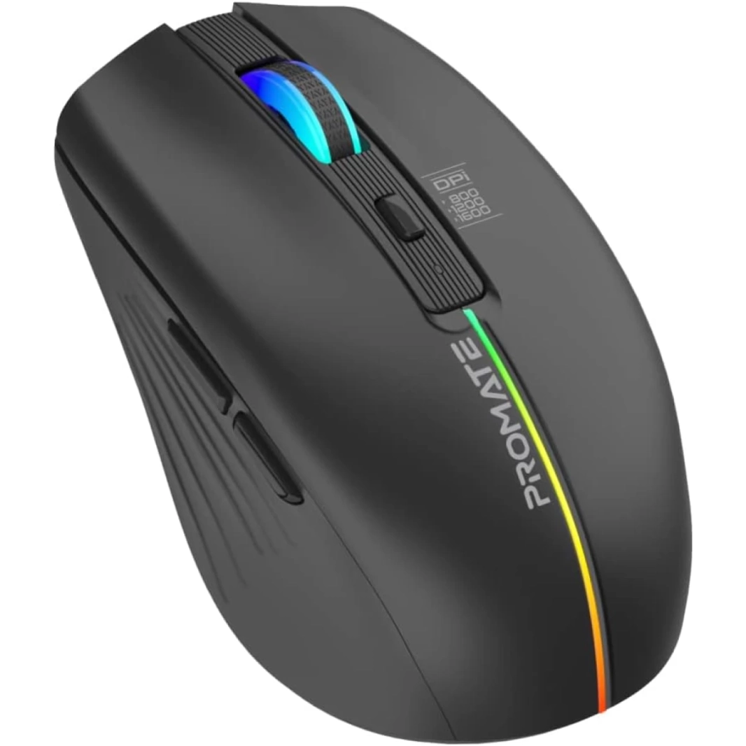 Promate KITT Wireless Mouse 500mAh Rechargeable LED Backlit Mice w/ 6 Functional Buttons RGB Modes - Black