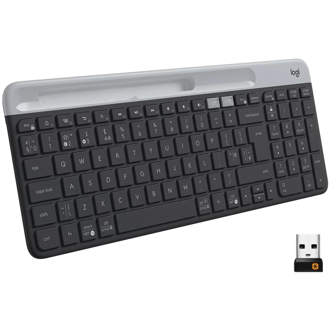 جهاز استقبال Logitech K580 Slim متعدد الأجهزة لاسلكيًا بتقنية البلوتوث/USB - بطارية تدوم 24 شهرًا لأجهزة الكمبيوتر المكتبية والكمبيوتر اللوحي والهواتف الذكية والكمبيوتر المحمول AR/EN