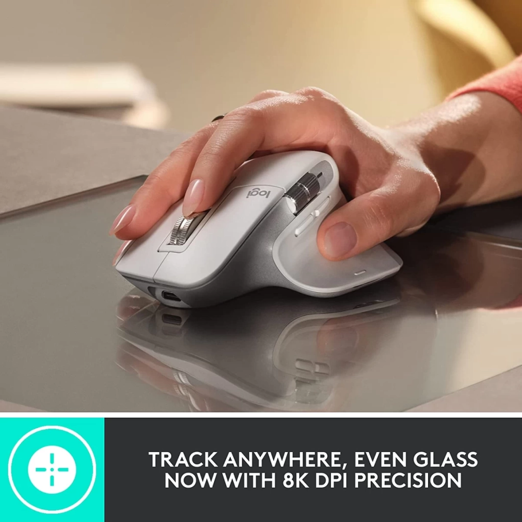 ماوس Logitech MX Master 3S اللاسلكي عالي الأداء مع خاصية التمرير السريع للغاية Ergo 8K DPI Track على الزجاج ونقرات هادئة USB-C - رمادي باهت