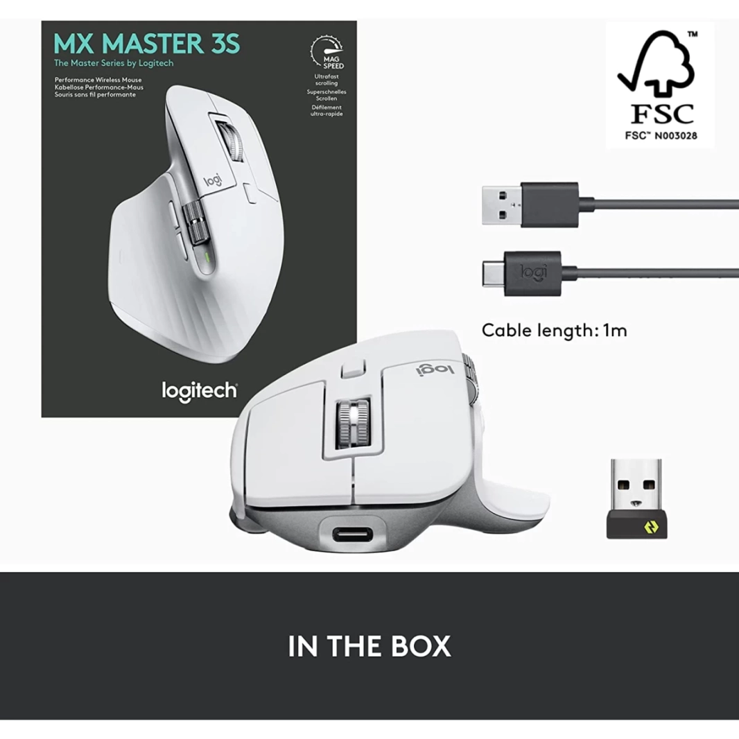 ماوس Logitech MX Master 3S اللاسلكي عالي الأداء مع خاصية التمرير السريع للغاية Ergo 8K DPI Track على الزجاج ونقرات هادئة USB-C - رمادي باهت