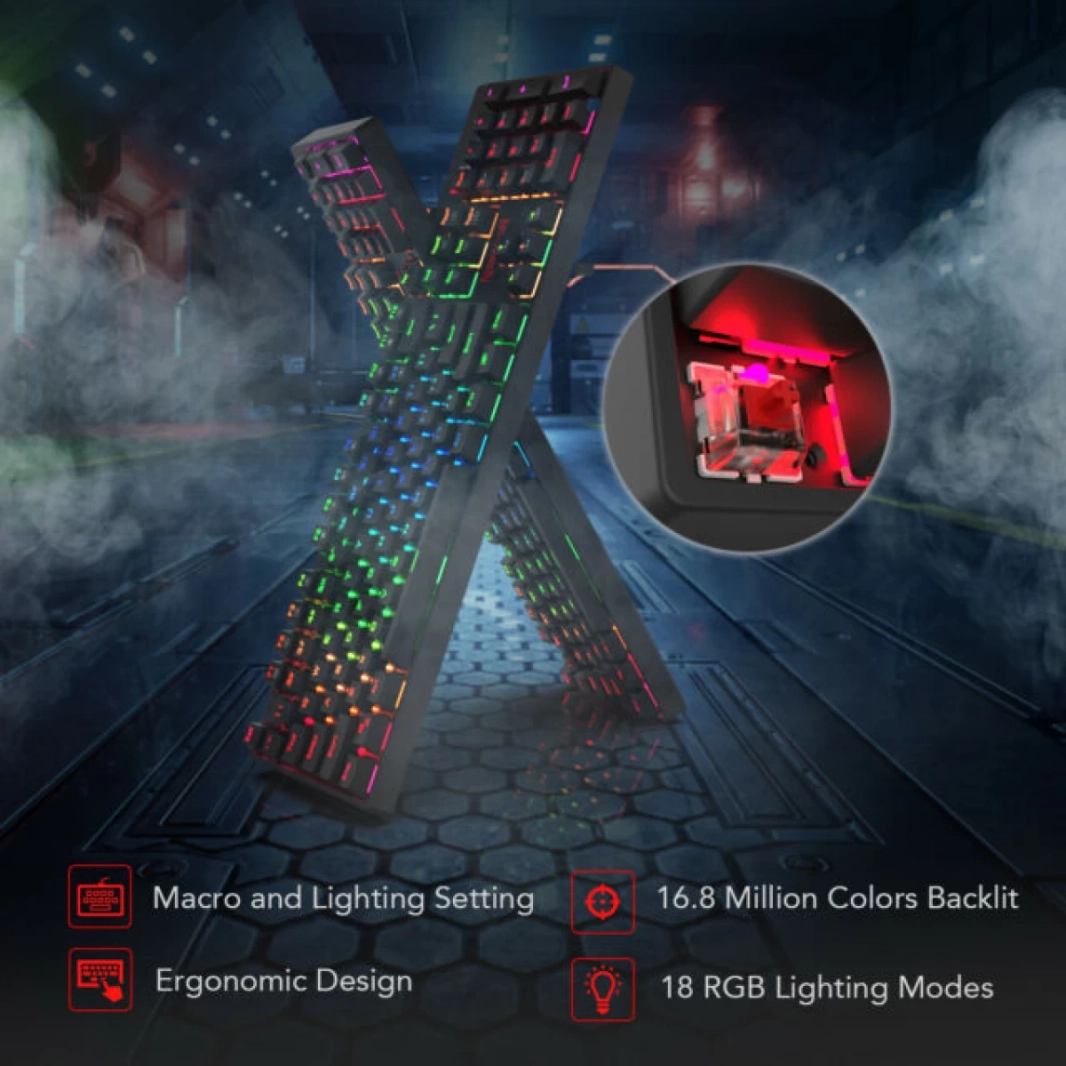 لوحة مفاتيح الألعاب الميكانيكية Redragon K582 SURARA RGB LED ذات الإضاءة الخلفية مع 104 مفاتيح - مفاتيح خطية وهادئة باللون الأحمر