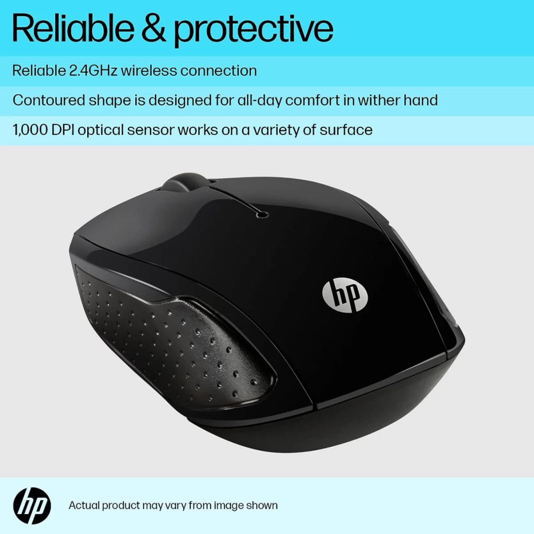 HP 200 USB Wireless Mouse with 1000 DPI Optical Sensor 2.4 GHz Wireless Cconnectivity Ambidextrous Design - Black