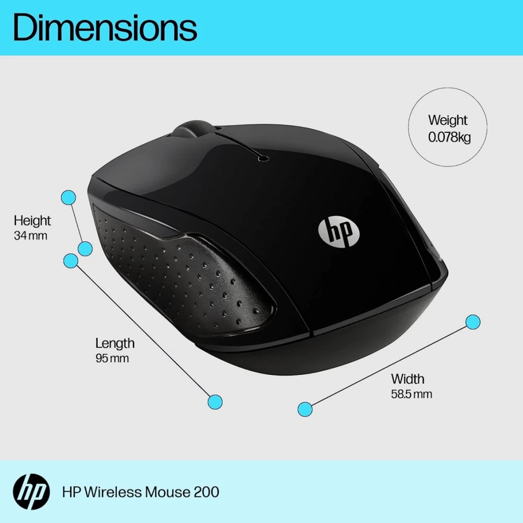 HP 200 USB Wireless Mouse with 1000 DPI Optical Sensor 2.4 GHz Wireless Cconnectivity Ambidextrous Design - Black