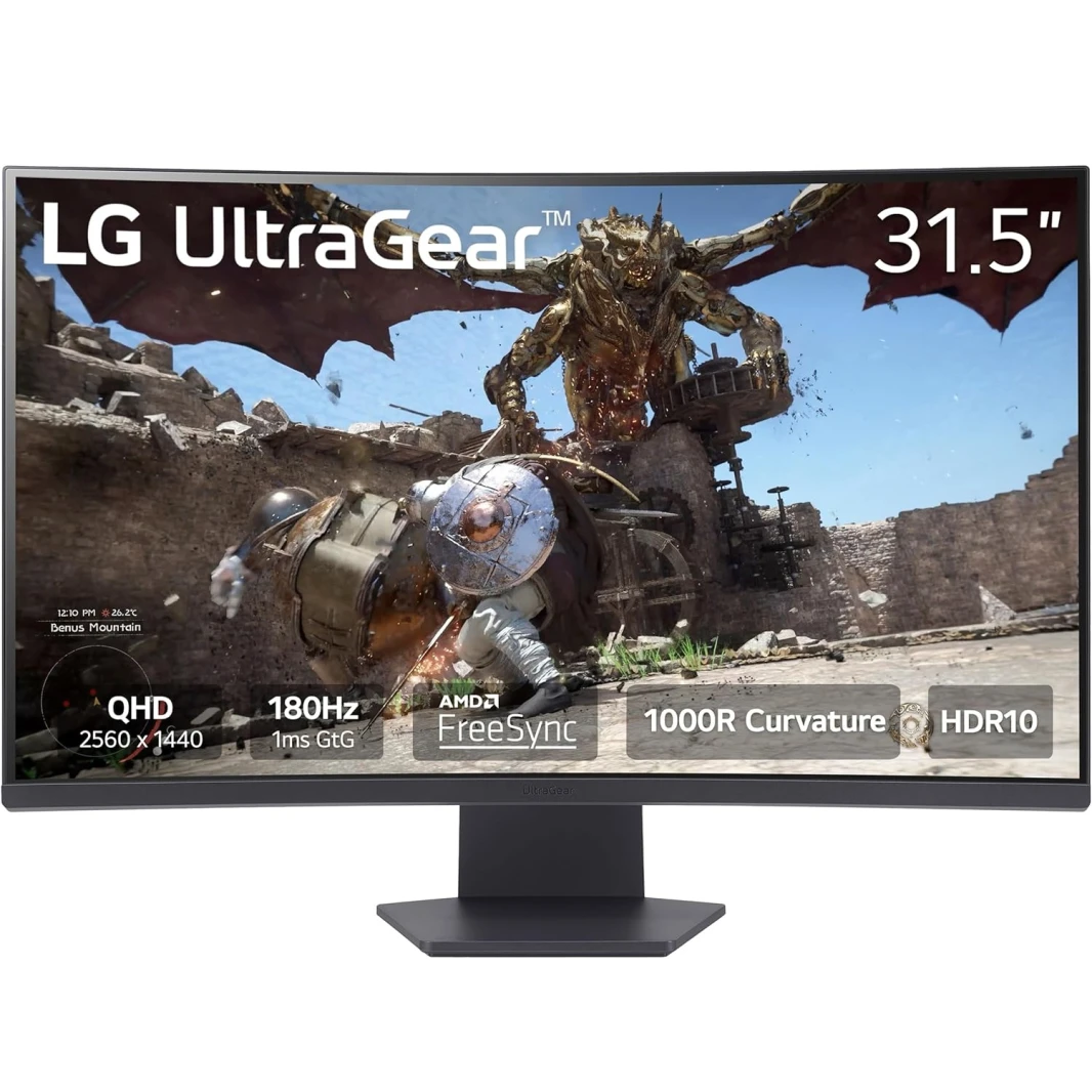 شاشة ألعاب منحنية LG UltraGear 27GS60QC QHD 180Hz 1ms AMD FreeSync™ HDR10 1000R مقاس 32 بوصة | 2560×1440 (QHD) 2K – 32GS60QC – B (ضمان المتجر)