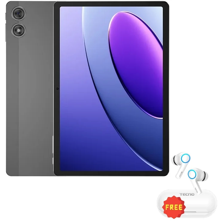 TECNO MegaPad 10 T1001 ” معالج ثماني النواة، سعة تخزين 256 جيجابايت، ذاكرة وصول عشوائي 4 جيجابايت، رمادي ” جراب تابلت مجاني + سماعات أذن TECNO