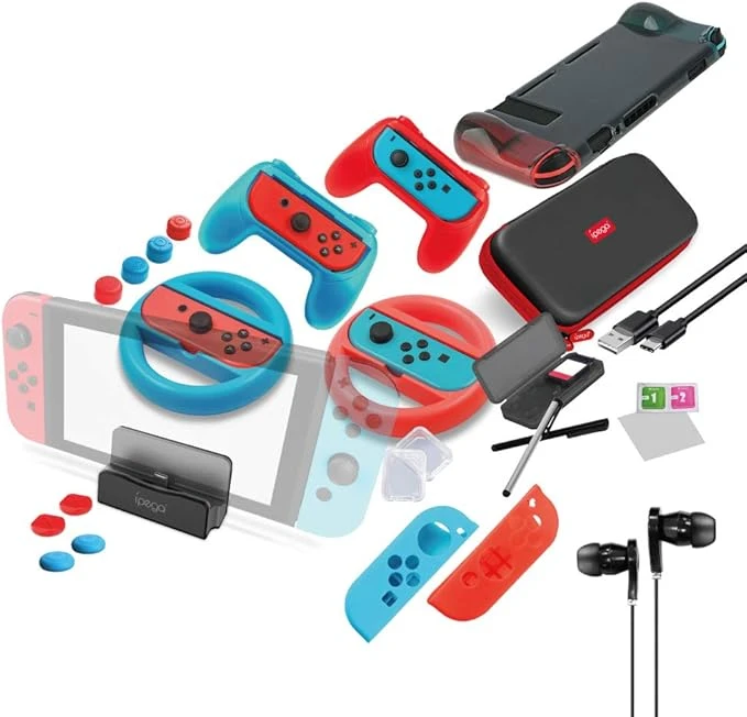 iPega Switch Accessories Bundle 36 in 1 Essential Kit with Joy-Con Grip Steering Wheel Screen Protector Earphones Compatible with N-Switch/N-Switch Lite