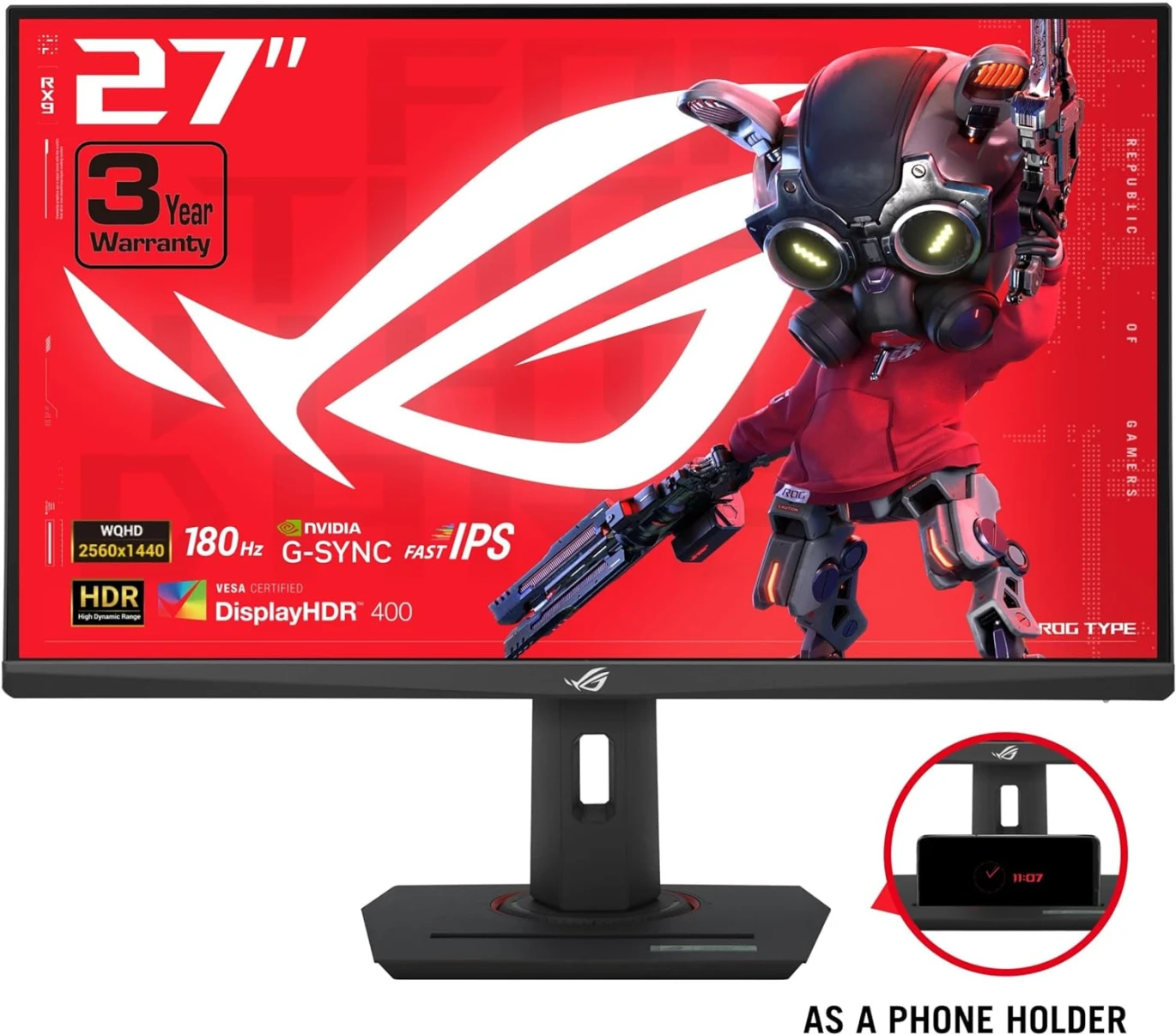 شاشة ألعاب ASUS ROG Strix XG27ACS مقاس 27 بوصة بدقة 2K ومعدل تحديث 180 هرتز ووقت استجابة 1 مللي ثانية وتقنية IPS سريعة وتقنية G-Sync (أسود)